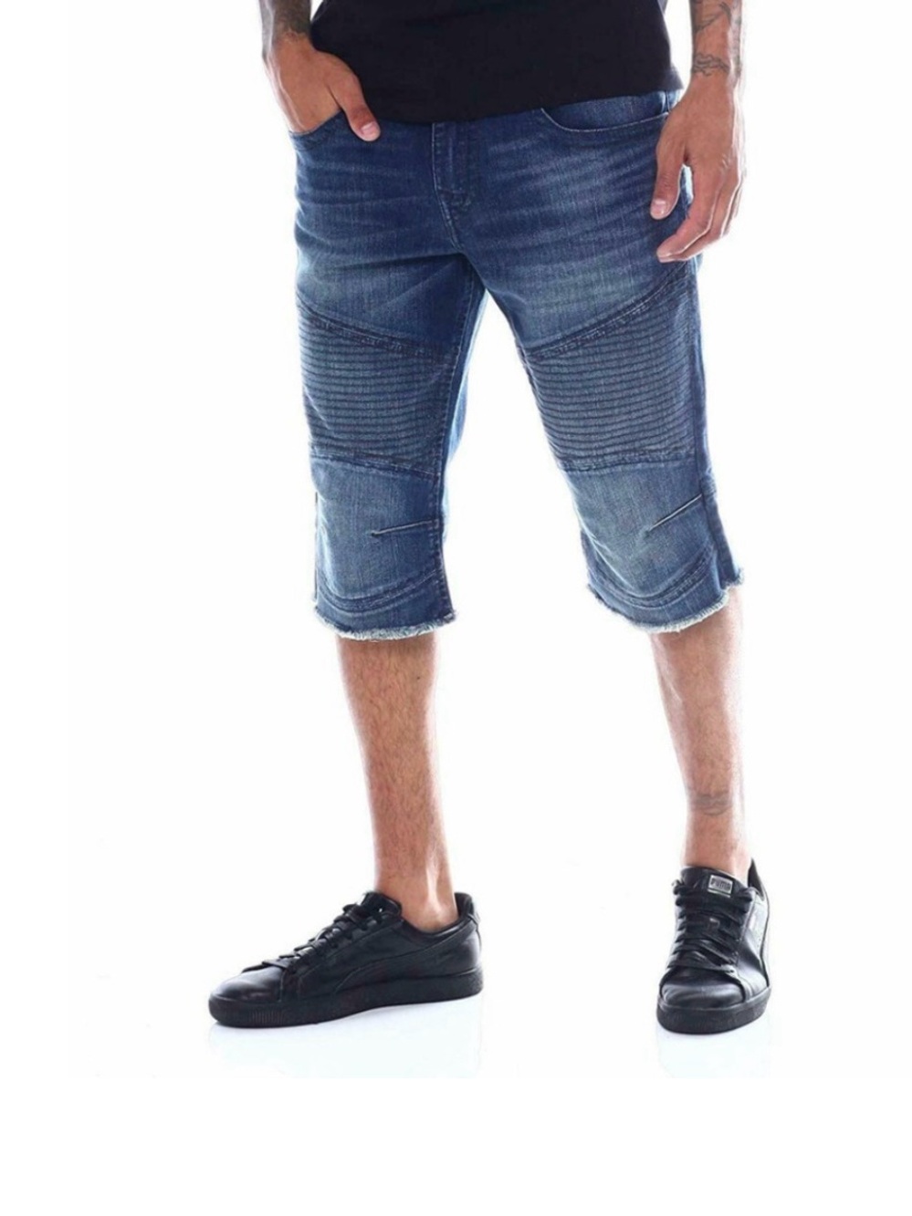 True Religion Men's Rocco Distressed Blue Denim Relaxed Skinny Shorts Size 42